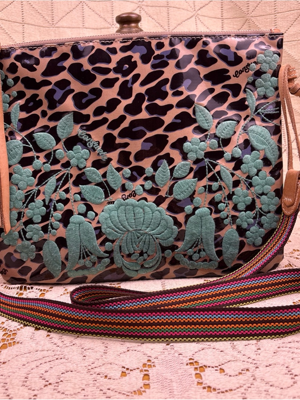 Consuela Bettie Downtown Shoulder Handbag Blue Embroidered Leopard Print